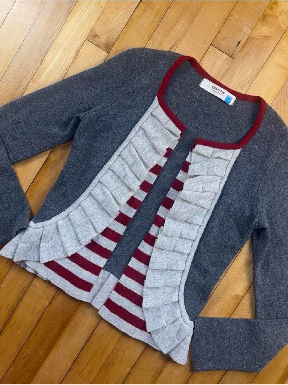 Sparrow Women’s Small Wool Blend Ruffle Open Cardigan Gray Red Striped Cashmere - Picture 8 of 8